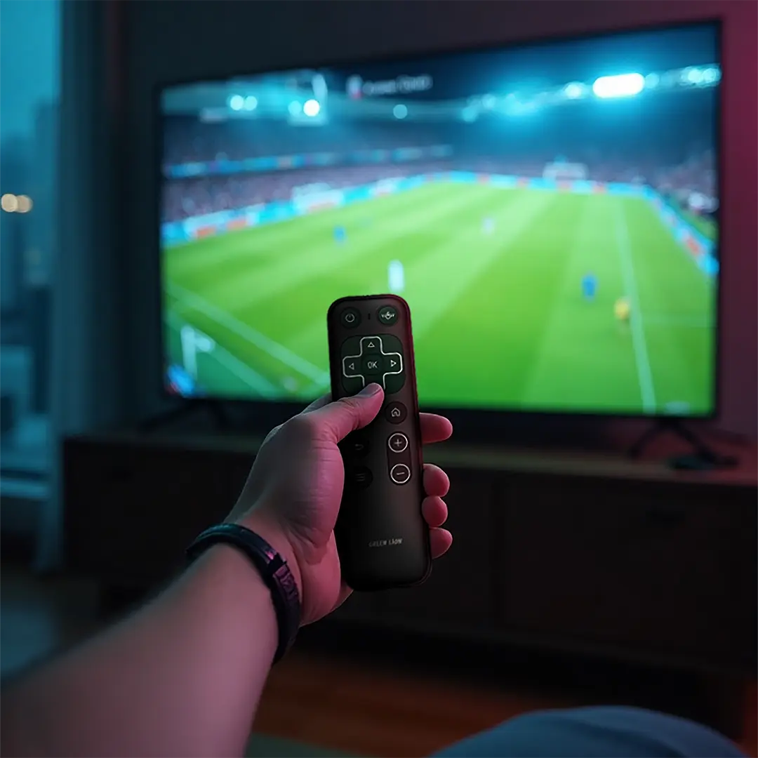 Hand holding a remote control in front of a television displaying a sports event.