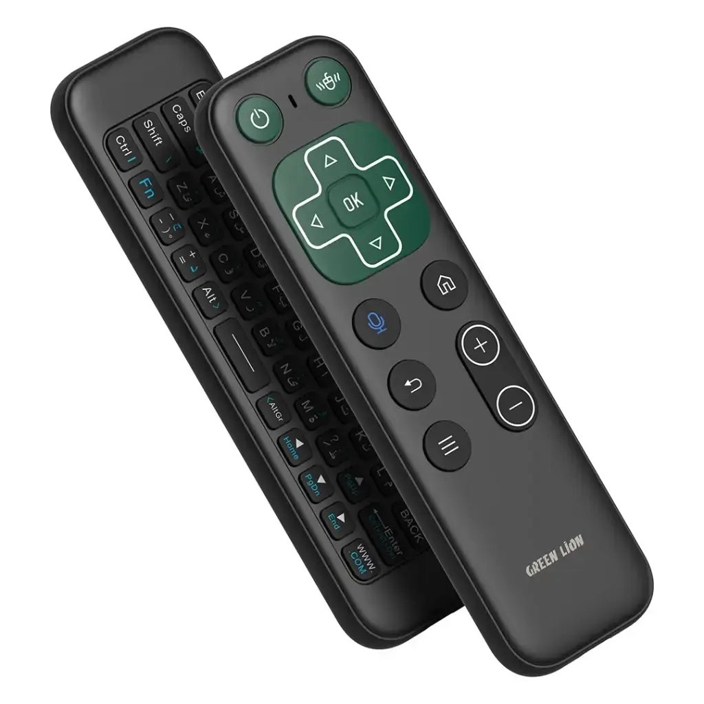 Black remote control with keyboard and Green Lion branding on a white background