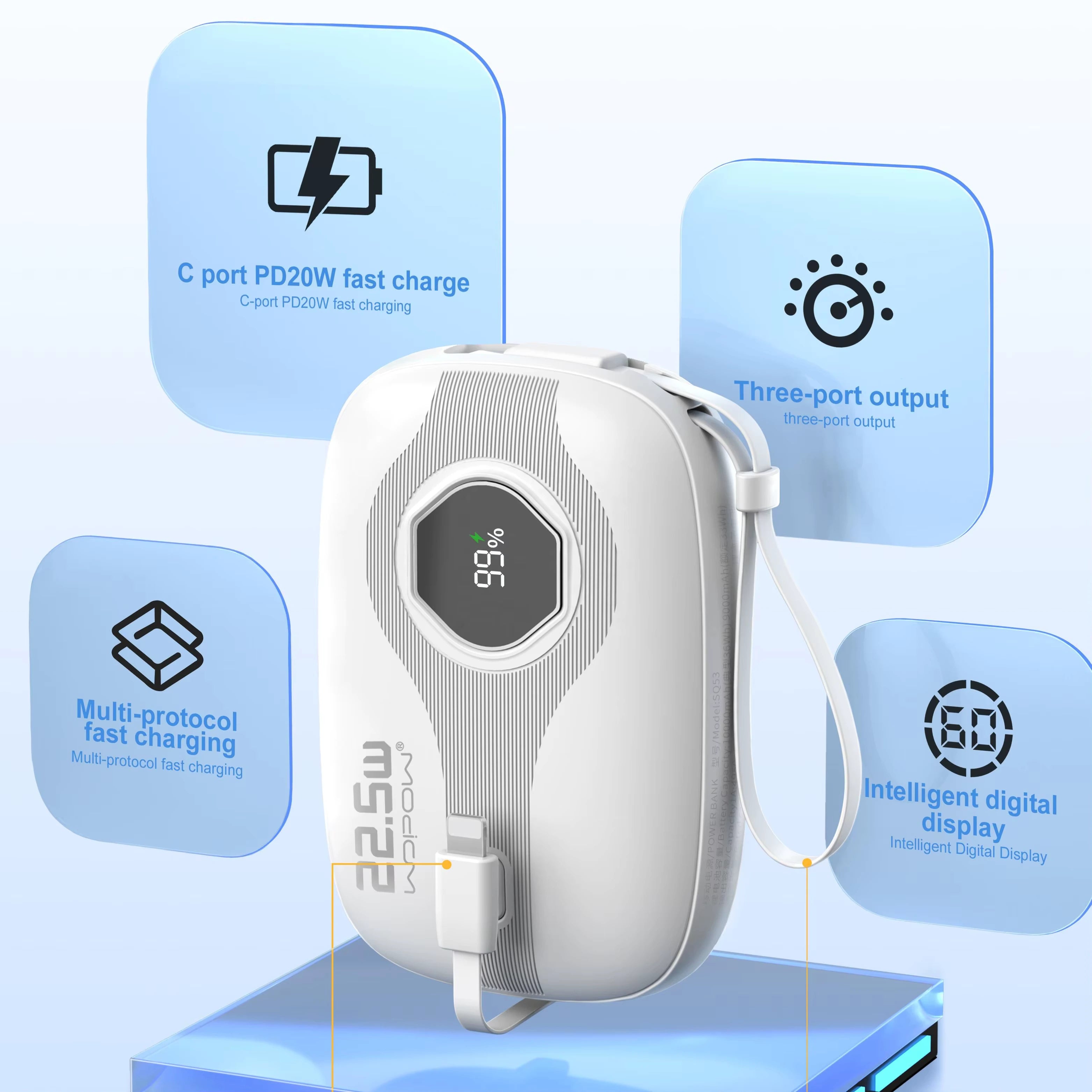White power bank with digital display on a blue background