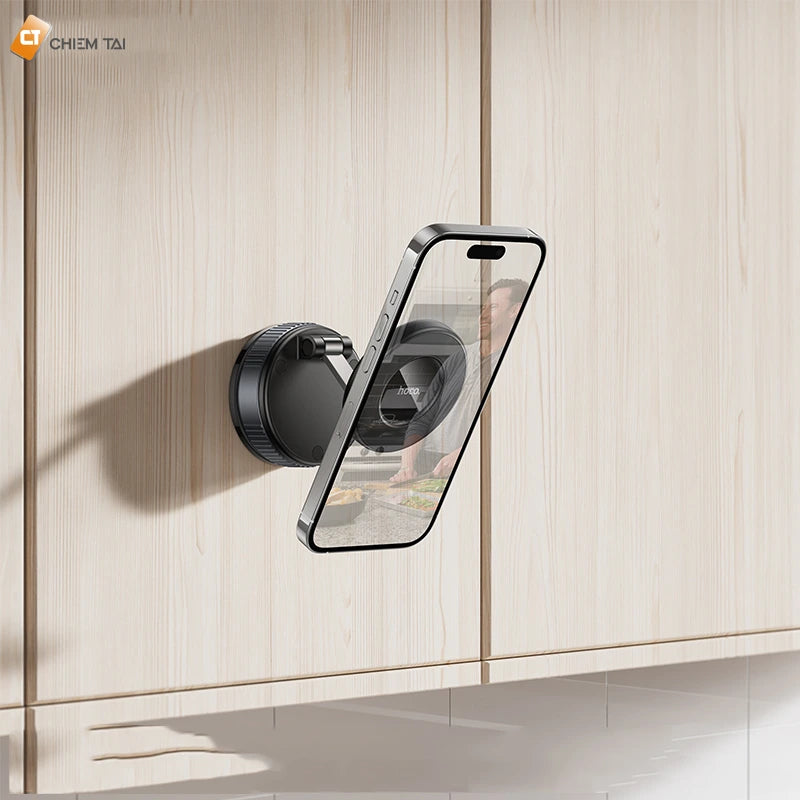 Phone holder attached to a wooden cabinet with a phone on it - Lebtech store