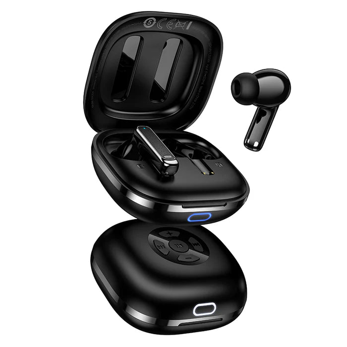 Black wireless earbuds with charging case on a white background