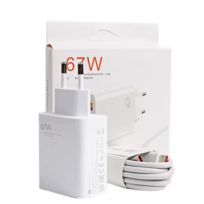 67W power adapter and cable set with packaging on a white background