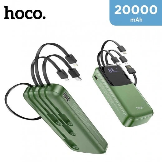 A product showcase of the green Hoco DB07A 20000mAh Power Bank from LebTech Store Lebanon. The image displays the front with its digital LED display and the back with four built-in charging cables (Type-C, Lightning, Micro-USB, and USB-A) extended, highlighting its high-capacity portable power.