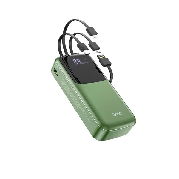 A green Hoco DB07A 20000mAh Power Bank from LebTech Store Lebanon, shown with its four integrated charging cables (Lightning, Type-C, Micro-USB, and USB-A) extended. The large LED digital display shows the battery percentage, highlighting this high-capacity model for extended device use.