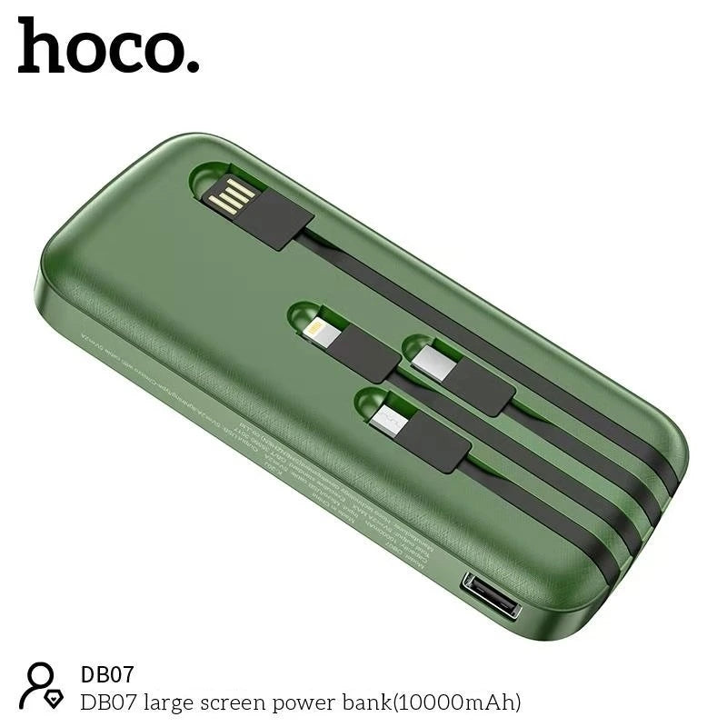 The back of a green Hoco DB07 10000mAh power bank from LebTech Store Lebanon, featuring four built-in charging cables—USB-A, Lightning, Type-C, and Micro-USB—neatly tucked into integrated slots for easy portability and cable-free charging.
