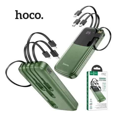 A product showcase of the green Hoco DB07 10000mAh Power Bank from LebTech Store Lebanon. The image displays the power bank's front LED display and its back featuring four built-in charging cables (Type-C, Lightning, Micro-USB, and USB-A) extended for use, alongside its official retail packaging.