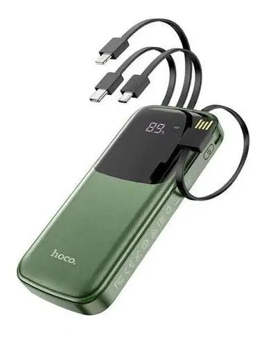 A green Hoco DB07 10000mAh power bank from LebTech Store Lebanon, showcasing its large LED battery display and four built-in charging cables (USB, Type-C, Lightning, and Micro-USB) extended for simultaneous device charging.