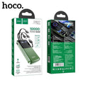 Front and back packaging of the Hoco DB07 Intelligent Balance 10000mAh Power Bank, available at LebTech Store Lebanon. The image highlights its key features, including four built-in charging cables (Micro-USB, Lightning, Type-C, and USB-A), a digital LED battery display, and fast charging capabilities.
