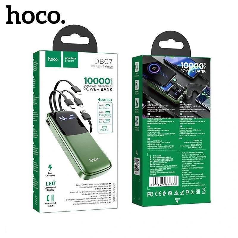 Front and back packaging of the Hoco DB07 Intelligent Balance 10000mAh Power Bank, available at LebTech Store Lebanon. The image highlights its key features, including four built-in charging cables (Micro-USB, Lightning, Type-C, and USB-A), a digital LED battery display, and fast charging capabilities.
