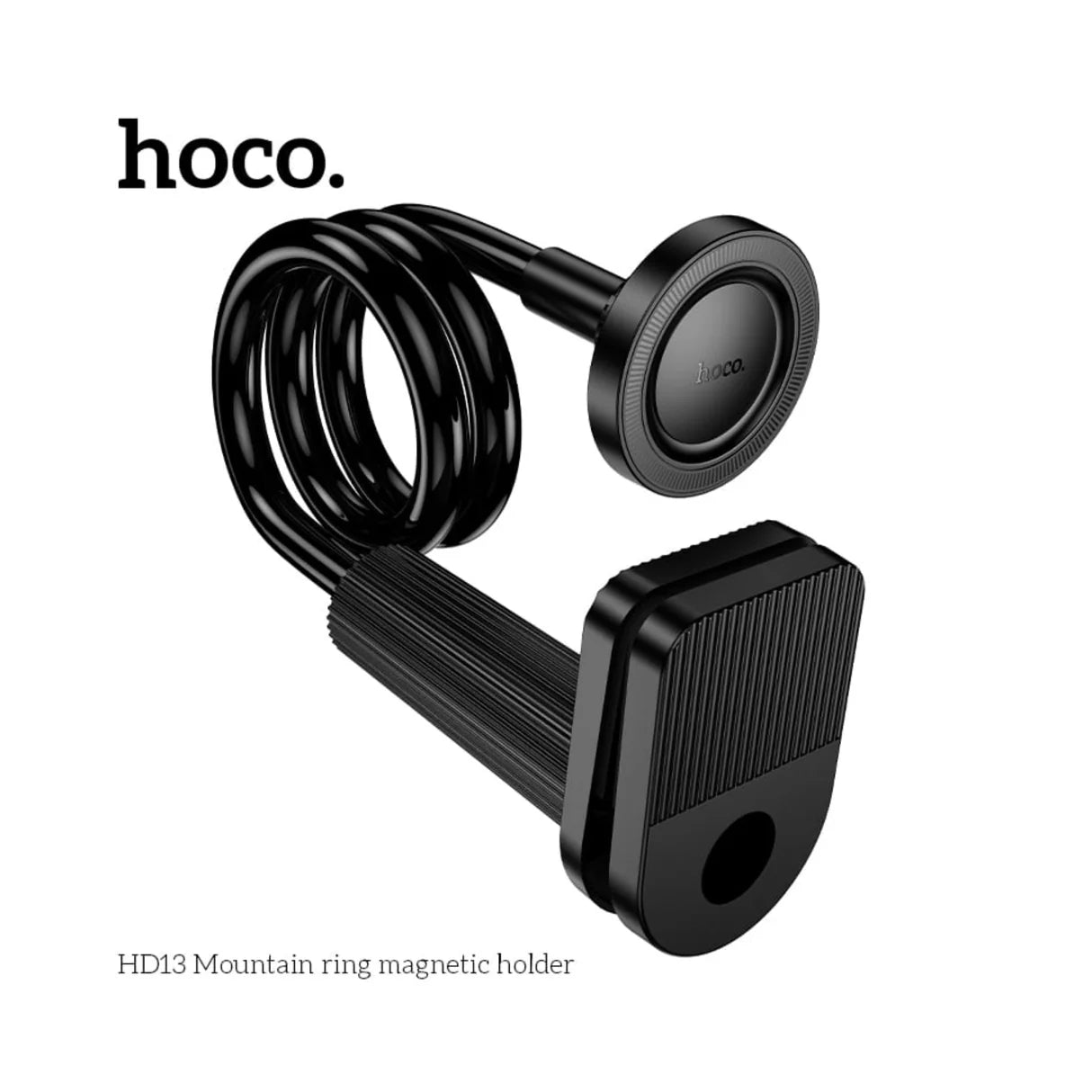 Black magnetic holder with coiled cable on a white background, featuring the brand 'hoco' - Lebtech store