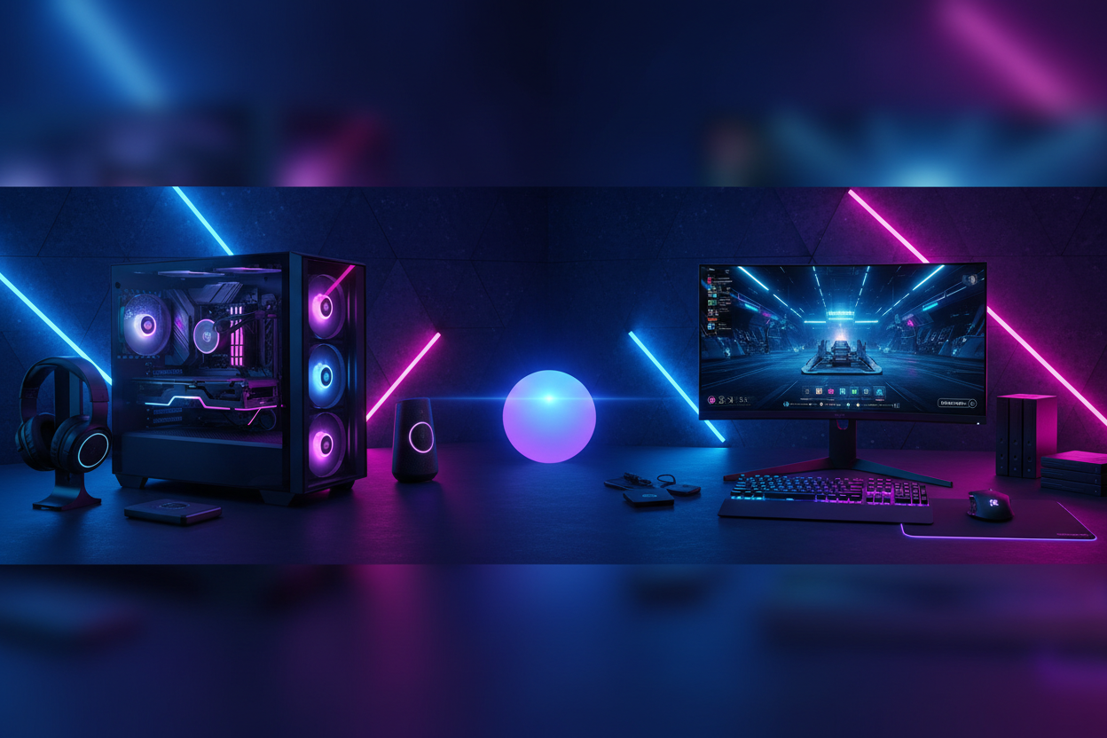 Gaming setup with computer hardware, monitor, and peripherals on a dark background with neon lights.