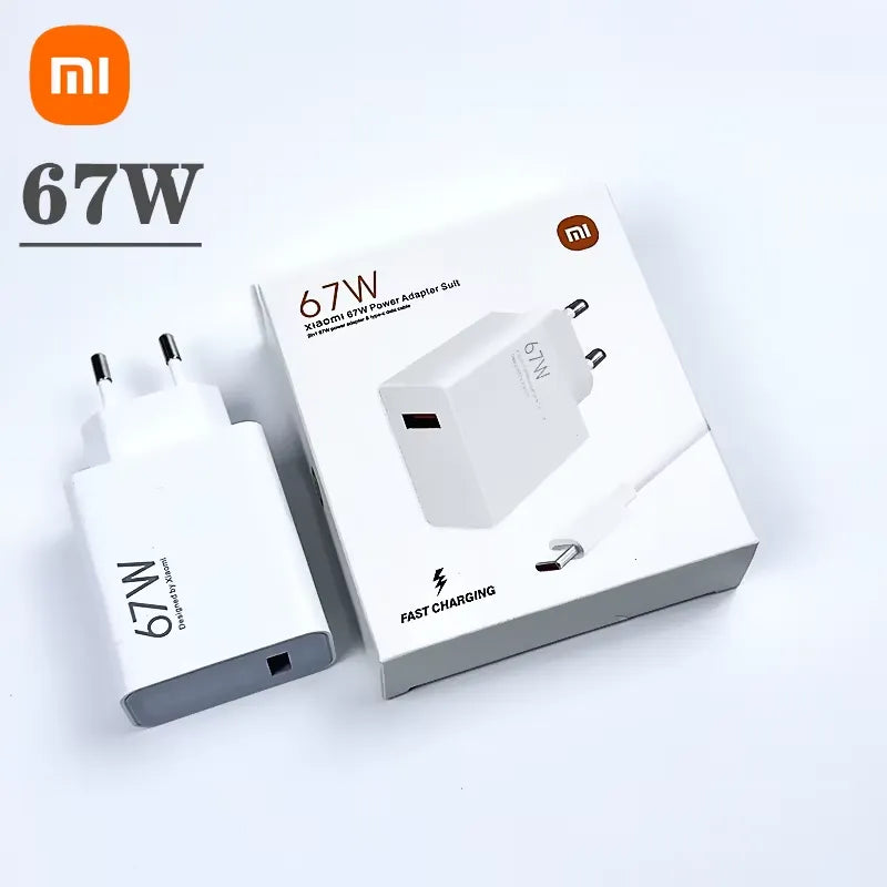 Xiaomi 67W power adapter and packaging on a white background
