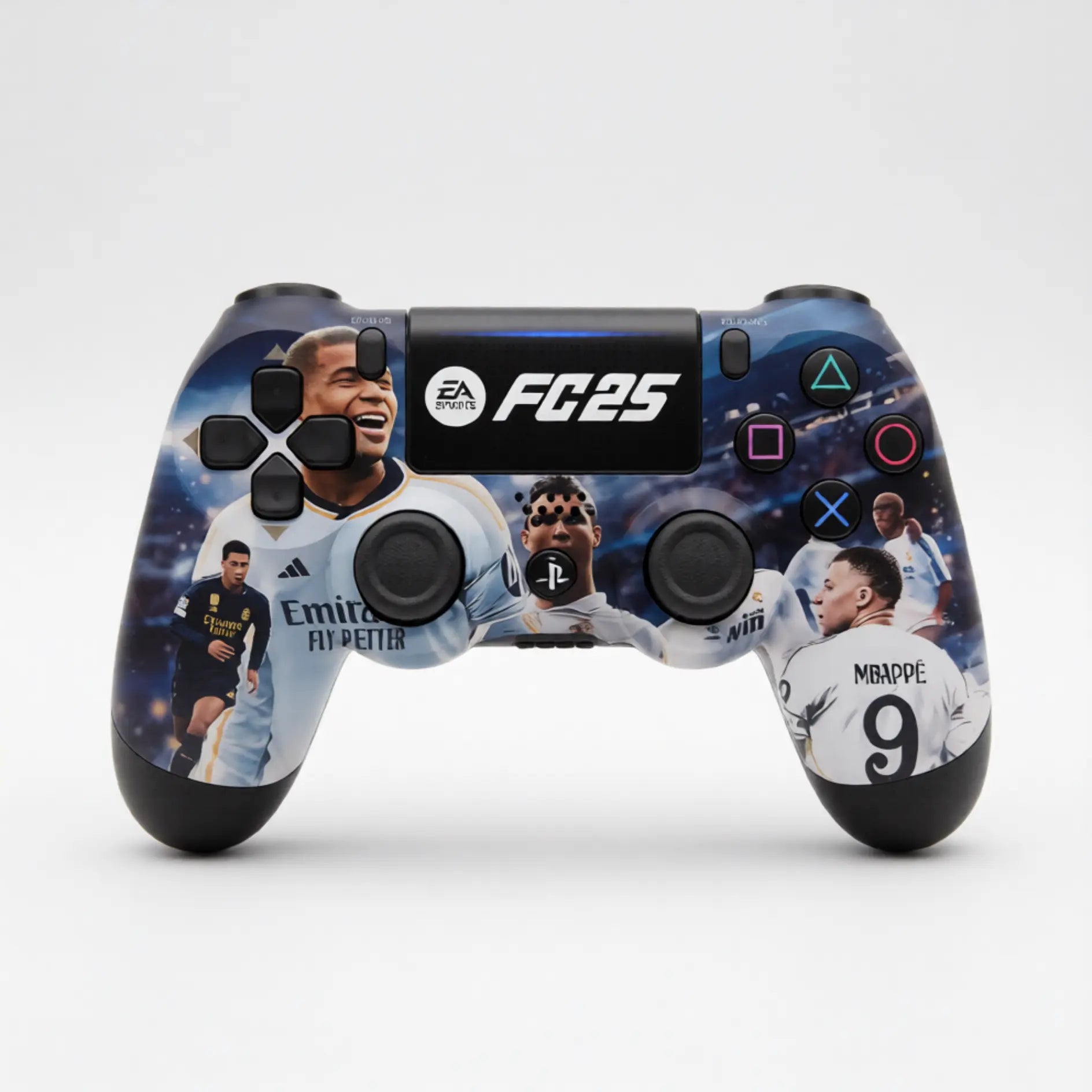 Custom wireless PS4 controller with EA SPORTS FC 25 Real Madrid theme featuring Kylian Mbappe and Jude Bellingham - LebTech Store Lebanon