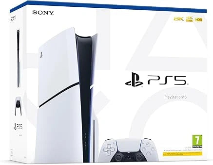 Official packaging for the Sony PlayStation 5 Slim console available at Lebtech Store Lebanon. The box displays the sleek white PS5 Slim console, a DualSense wireless controller, and technical icons for 4K and HDR.