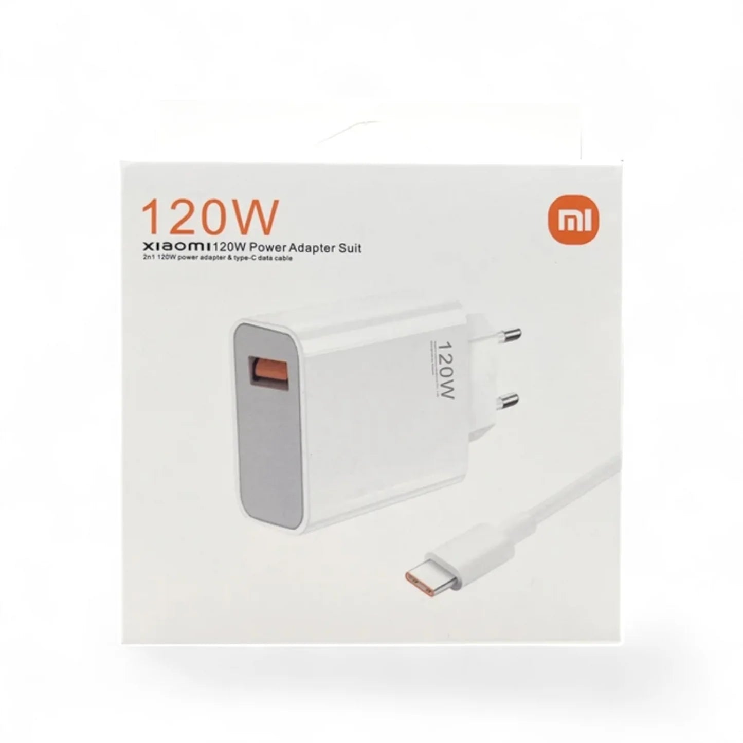 Xiaomi 120W power adapter suit packaging with adapter and cable on a white background