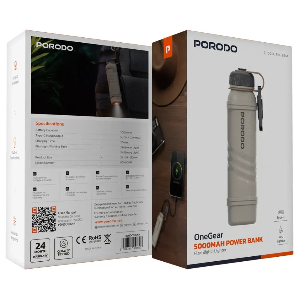 Porodo OneGear 5000mAh Outdoor Power Bank Front and Back View Khaki – LebTech Store