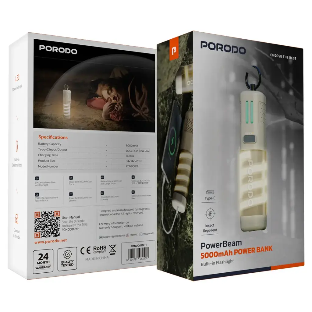 Porodo PowerBeam power bank packaging with product image and specifications.