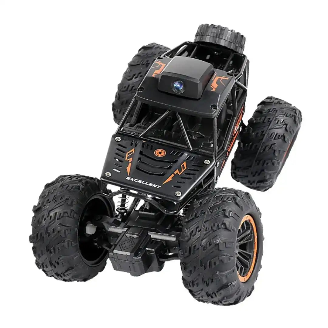 Toy monster truck with large wheels suspension overview