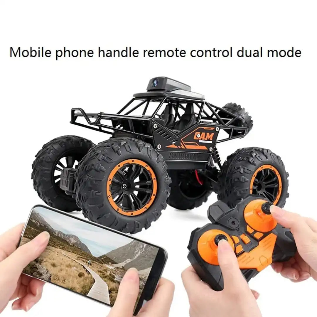 Toy monster truck with large wheels  showing 2 way to drive it through phone and remote control
