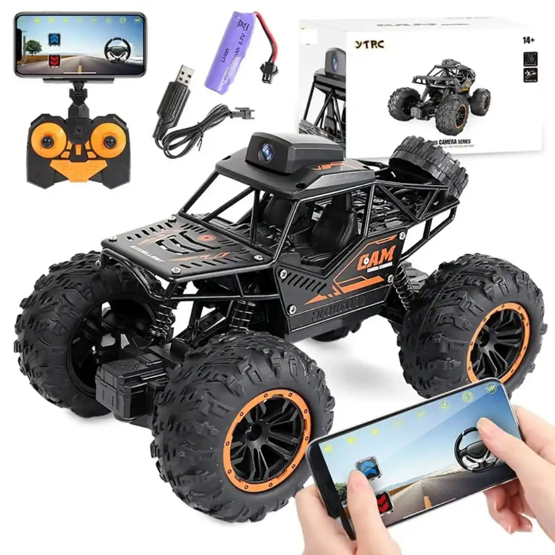 Remote control monster truck with camera and app interface on a white background