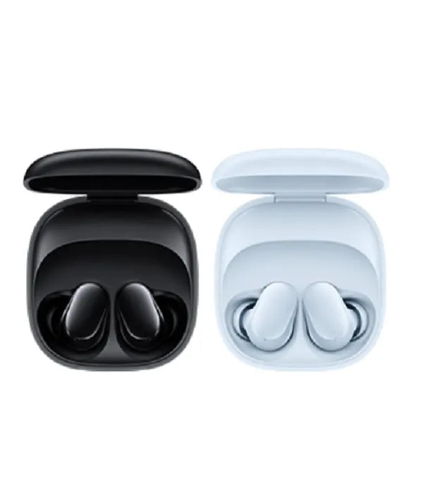 Black and white wireless earbuds with charging cases on a white background