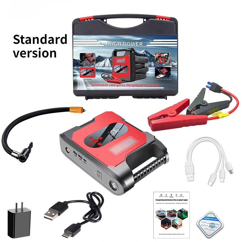 Car jump starter kit with cables and accessories on a white background