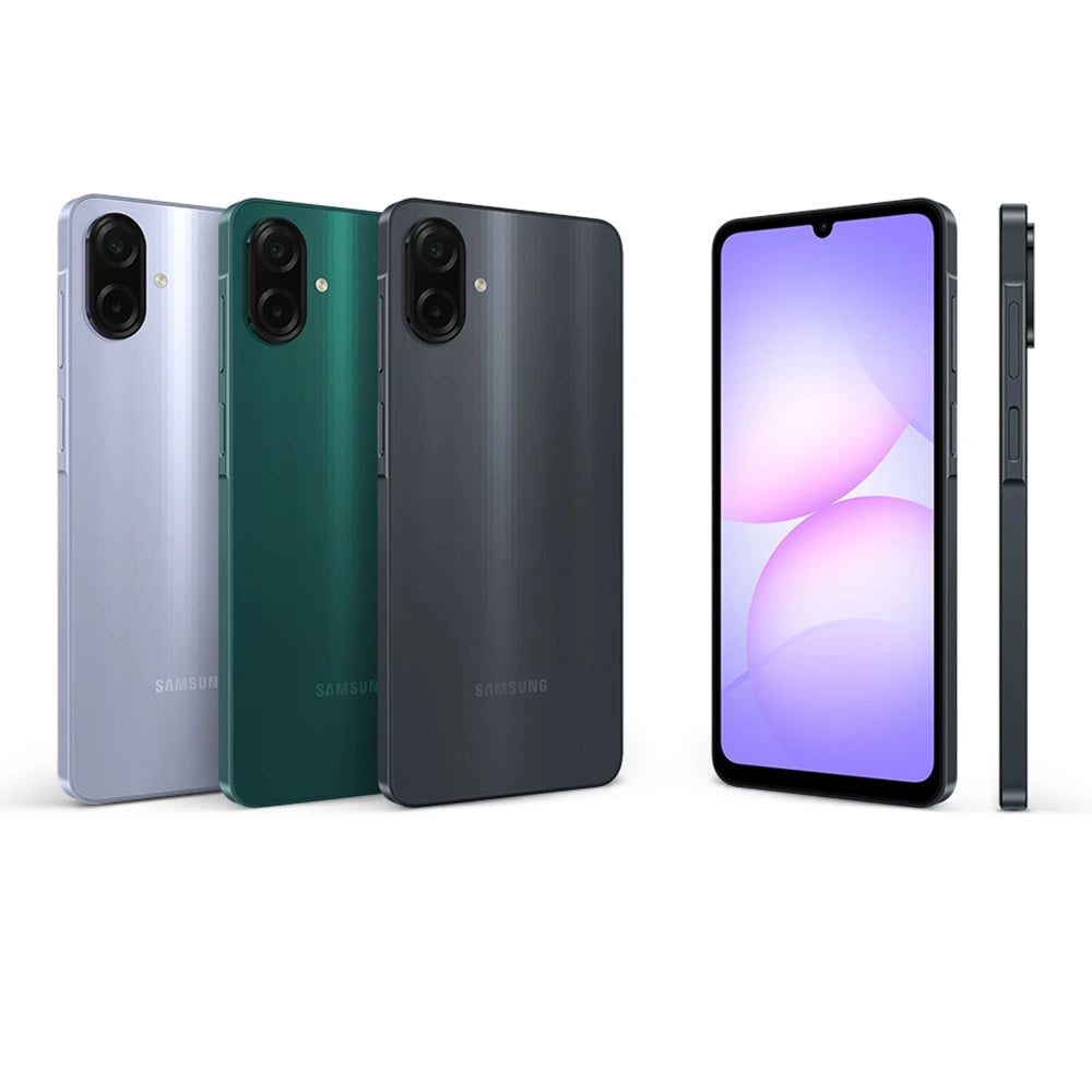 Samsung Galaxy A07 (SM-A075) rear view in Light Violet, Green, and Black showing the dual camera setup - Lebtech Store Lebanon.