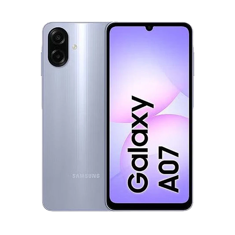 Samsung Galaxy A07 (SM-A075) Light Violet front and back view with 50MP dual camera - Lebtech Store Lebanon.
