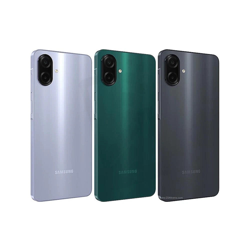 Samsung Galaxy A07 (SM-A075) in Light Violet, Green, and Black showing front, back, and slim side profile views – Lebtech Store Lebanon.