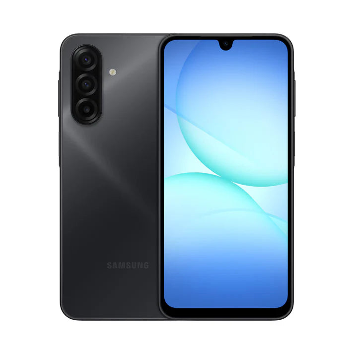 Samsung Galaxy A17 (SM-A175) Black front and back view with triple camera and Super AMOLED display - Lebtech Store Lebanon.