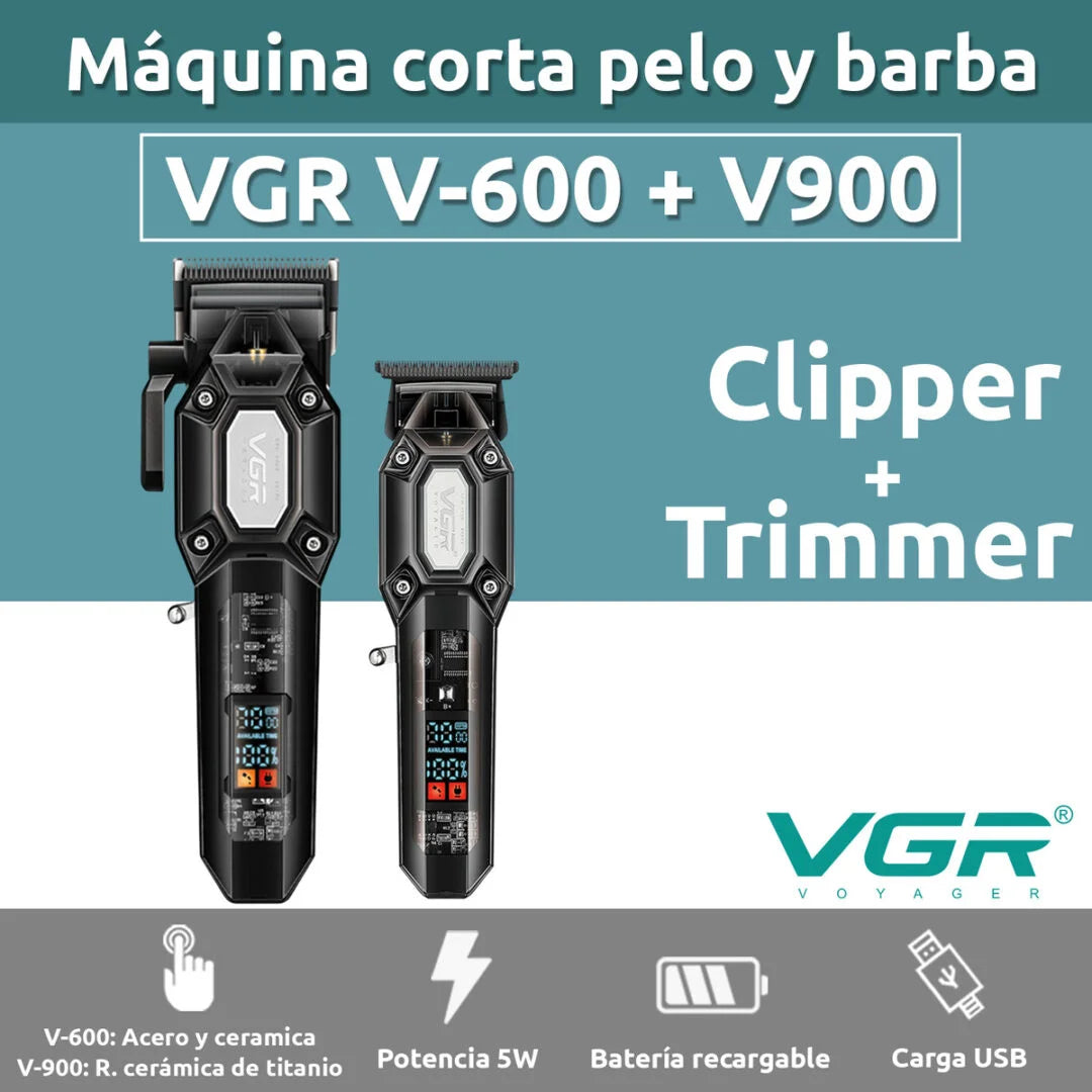 VGR V-600 and V900 clipper and trimmer set with product details on a blue and white background - Lebtech store Lebanon