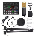 Condenser microphone kit with gold-and-black microphone, sound mixer, boom arm, desk clamp, shock mount, pop filter, foam