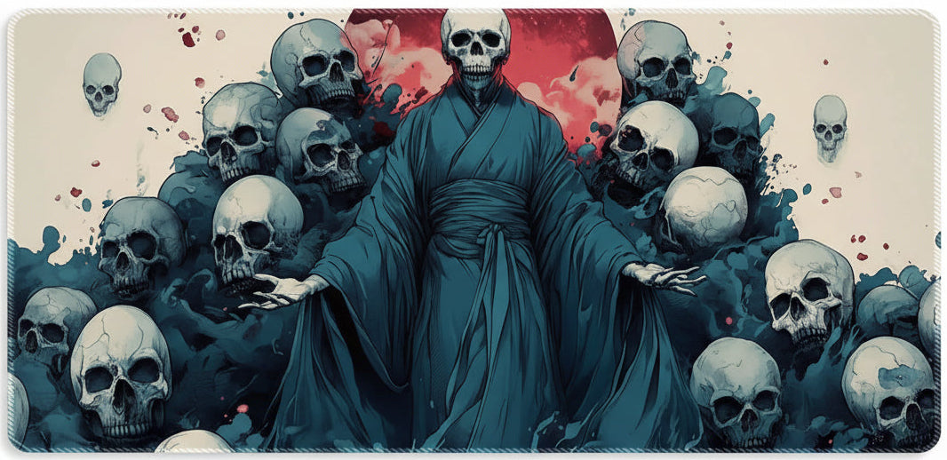 Figure in a blue robe surrounded by skulls with a red and beige background