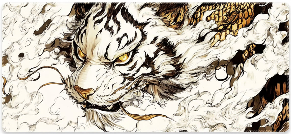 Artistic depiction of a tiger with a fierce expression on a white background