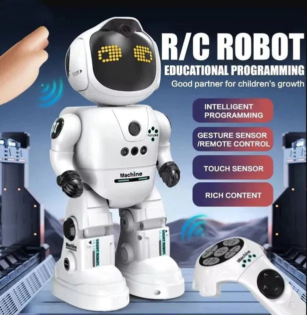 Robotic toy with remote control on a blue background