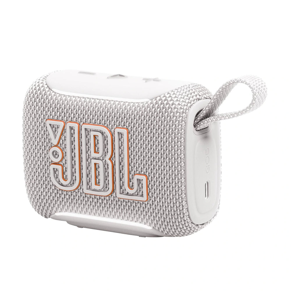 White JBL Go 5 AirTouch ultra-portable speaker available at LecTech Store Lebanon, featuring instant stereo pairing, IP68 waterproof and drop-proof design, and 10 hours of playtime with Playtime Boost