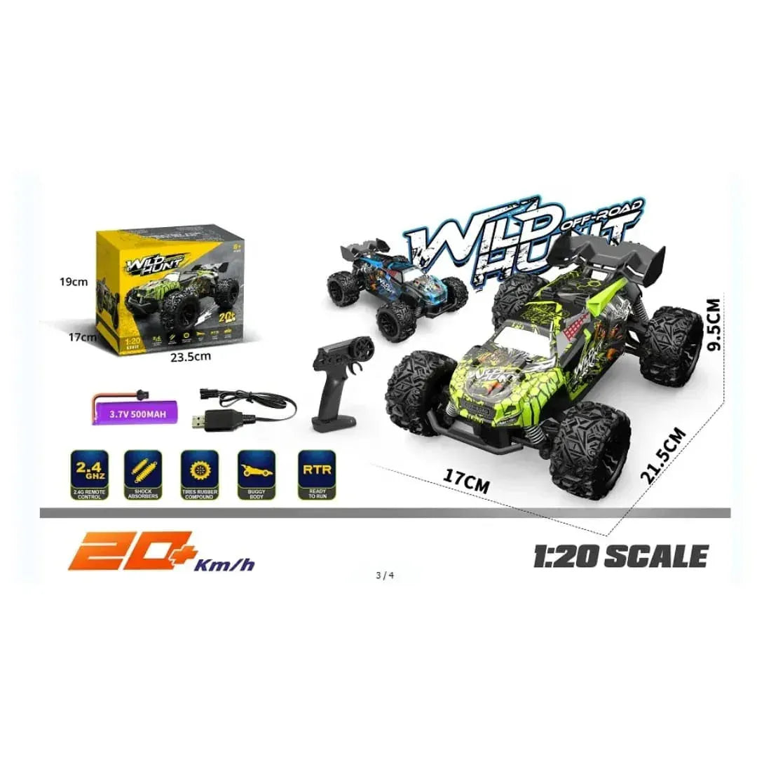 Wild Hunt Toy truck with packaging, remote control, and specifications on a white background