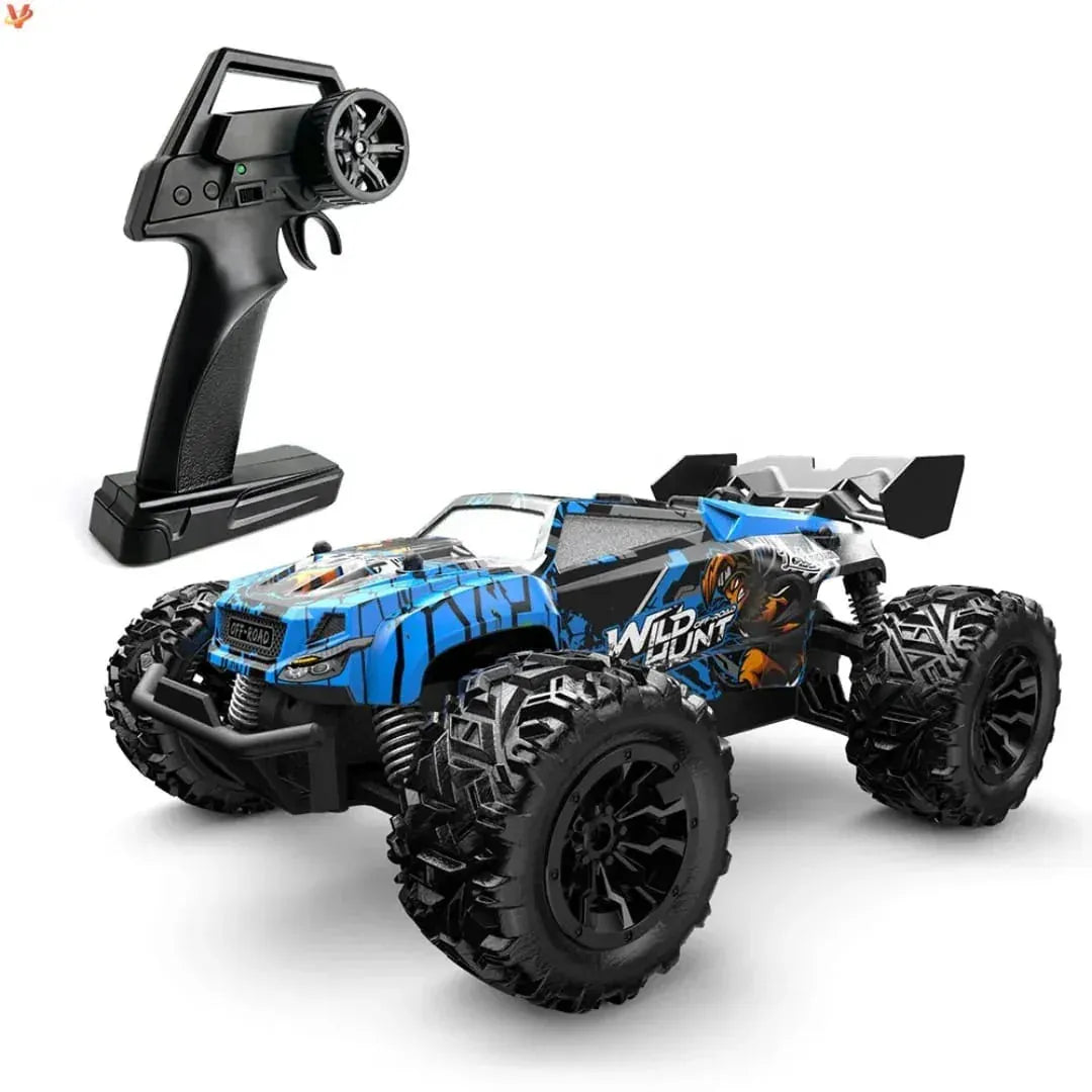 Wild Hunt Remote control monster truck with blue and black design on a white background