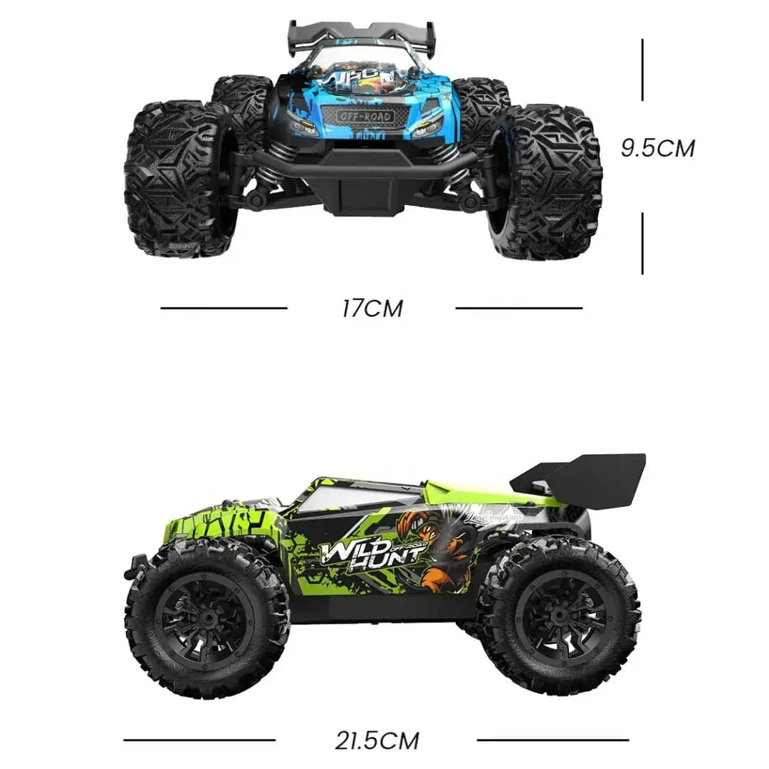 Wild Hunt Two toy monster trucks with measurements on a white background
