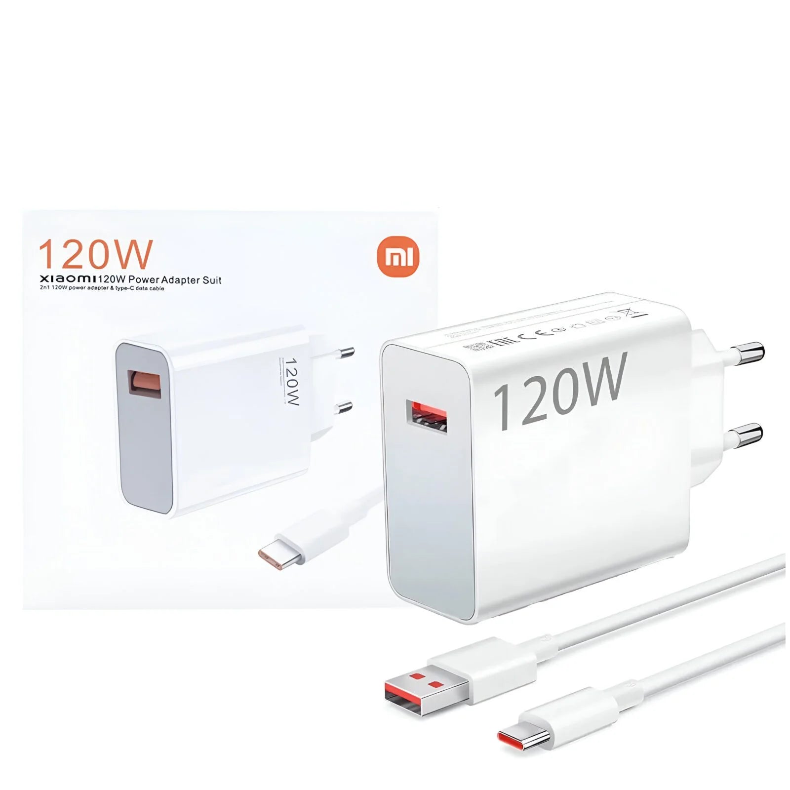 120W Xiaomi power adapter set with cable on a white background