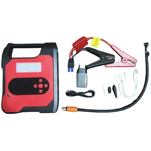 Red and black jump starter with cables and connectors on a white background