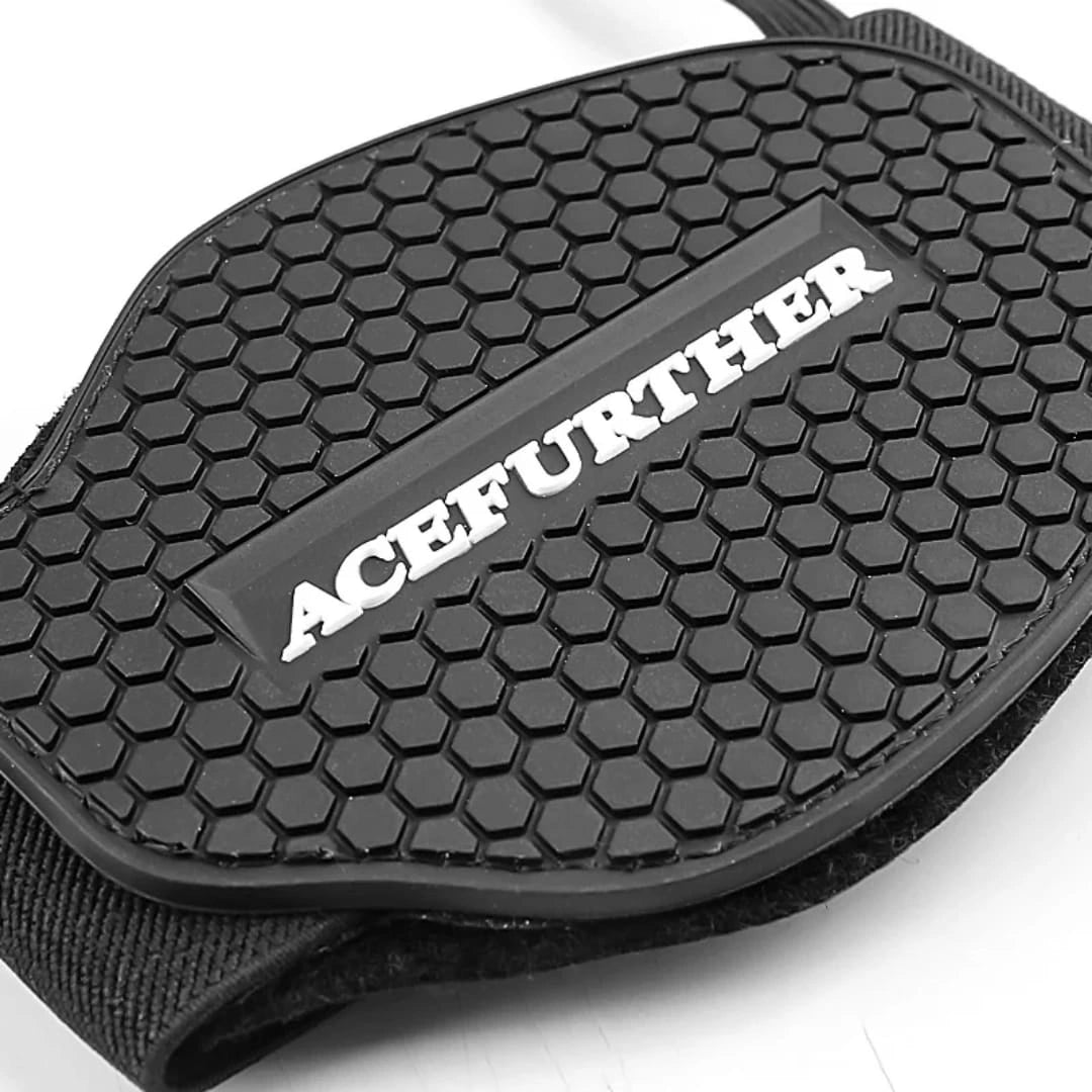  Extreme close up of the Acefurther moto shifter shoe guard highlighting the crisp white embossed brand name and deep honeycomb protective rubber texture from Lebtech Store Lebanon.