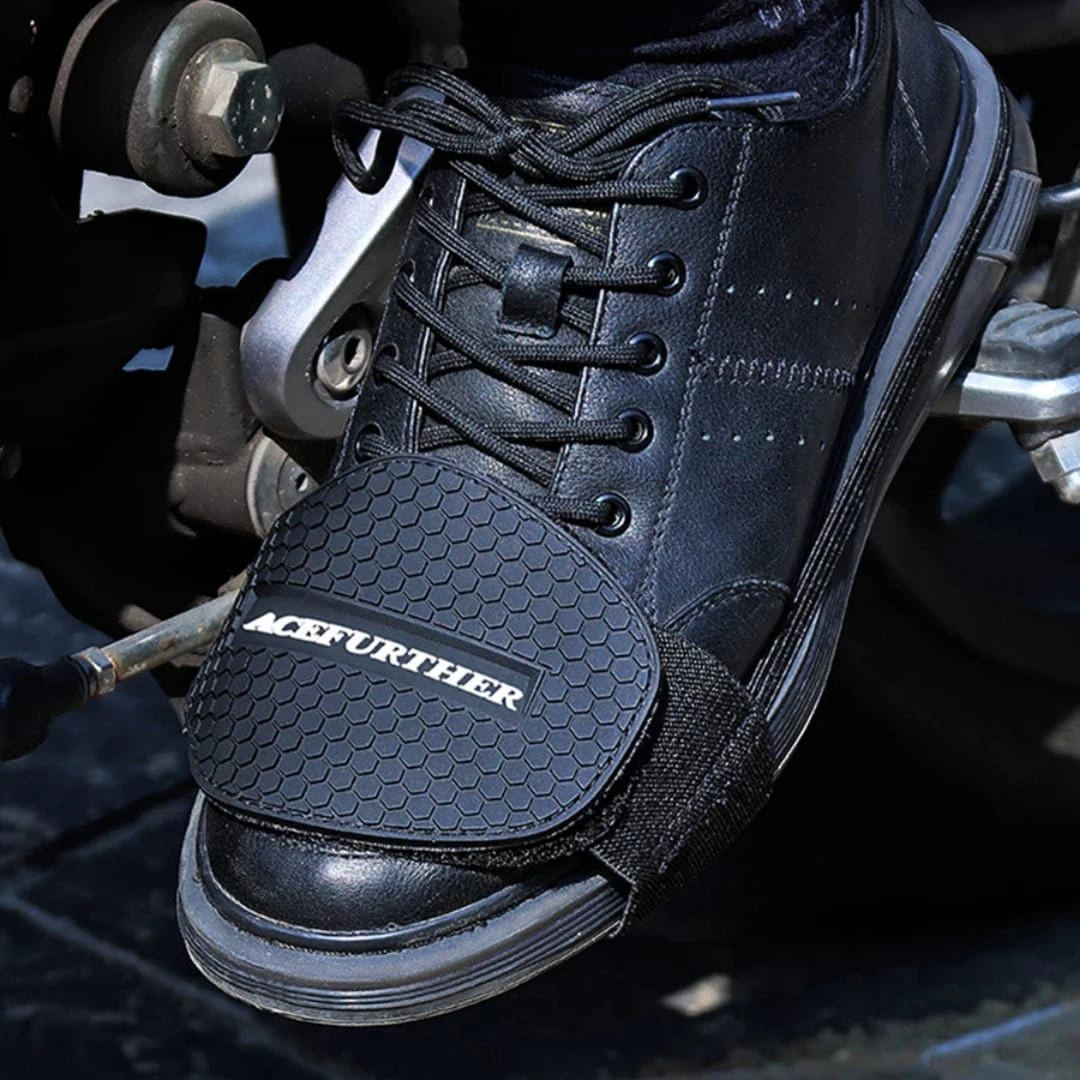  Acefurther motorcycle gear shifter shoe protector guard strapped over a black leather sneaker demonstrating its universal fit and stylish riding layout from Lebtech Store Lebanon.