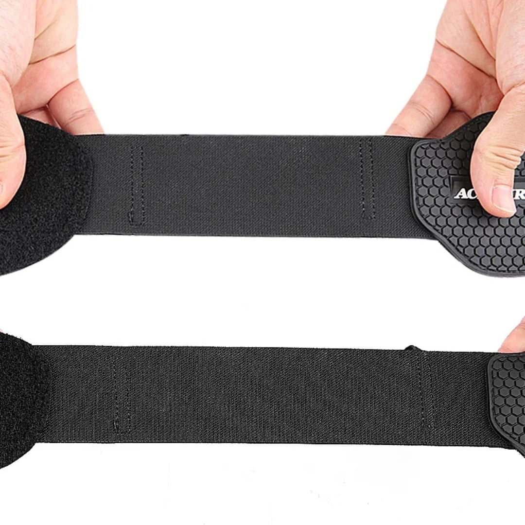 Close up view demonstrating the heavy duty elastic stretch strap on the Acefurther motorcycle gear shifter shoe guard showing its high durability and flexibility from Lebtech Store Lebanon.