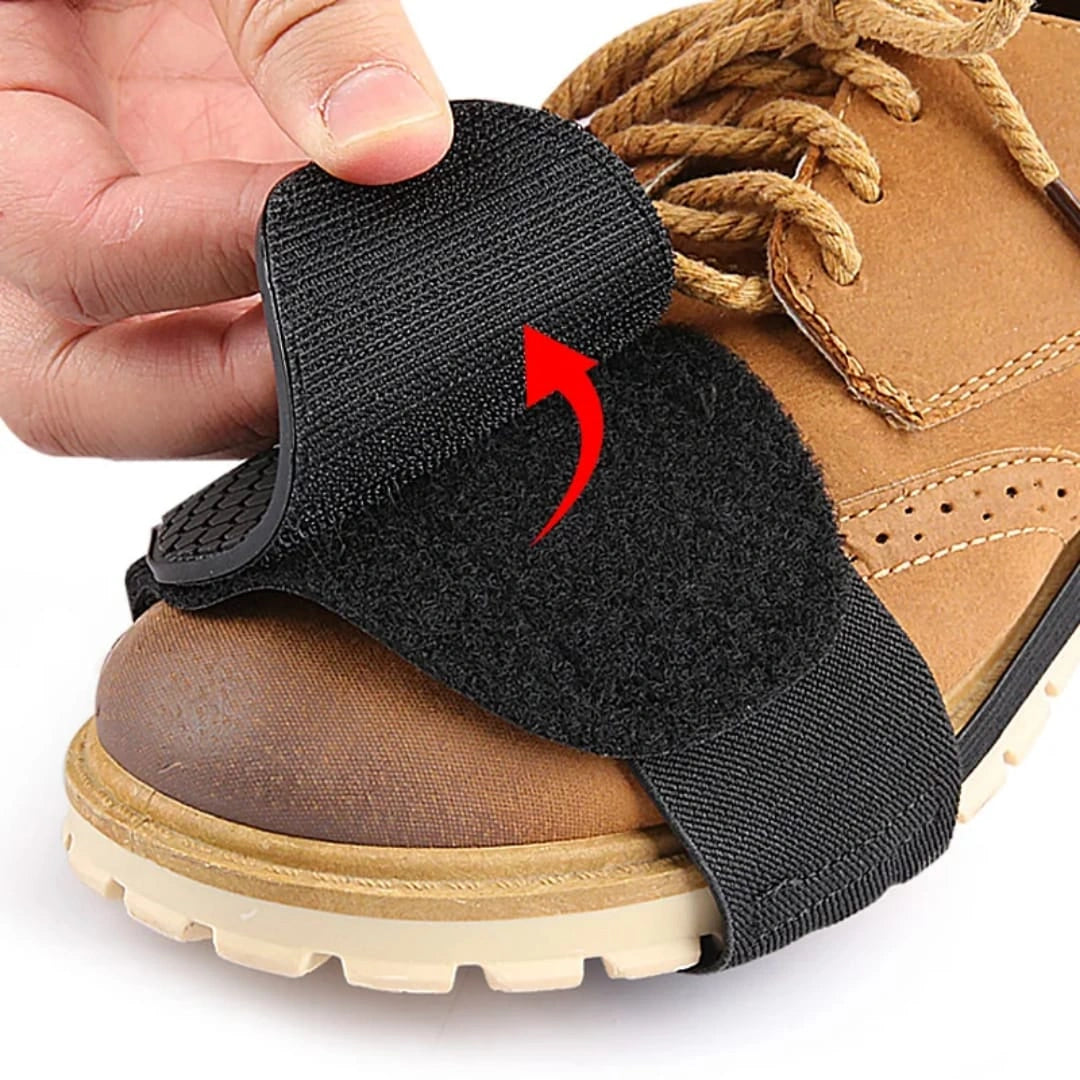 Close up view demonstrating the heavy duty adjustable velcro fastening strap on the Acefurther motorcycle gear shifter shoe guard from Lebtech Store Lebanon.