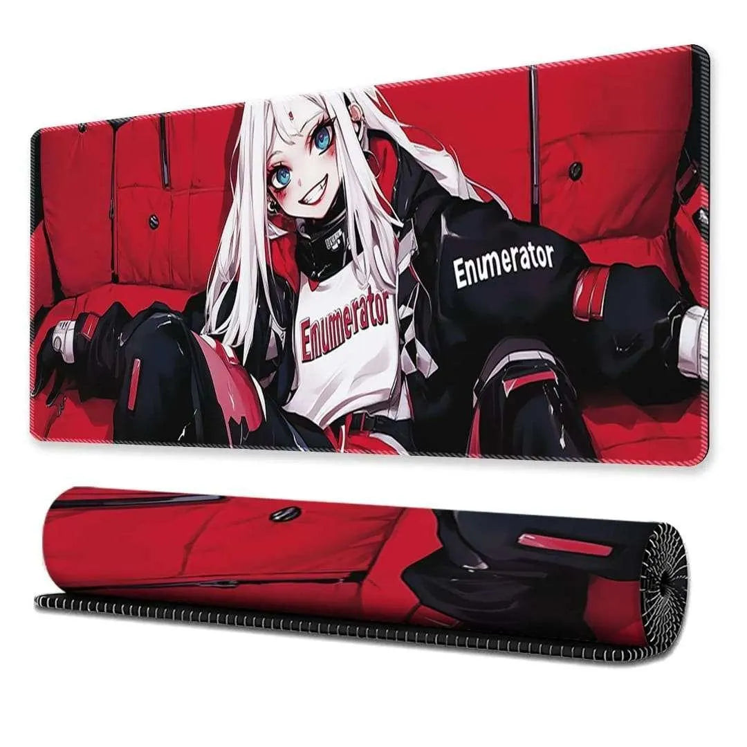 White hair anime girl Enumerator red gaming desk mat mouse pad in 30x80cm size showing flat and rolled views at Lebtech Store Lebanon.
