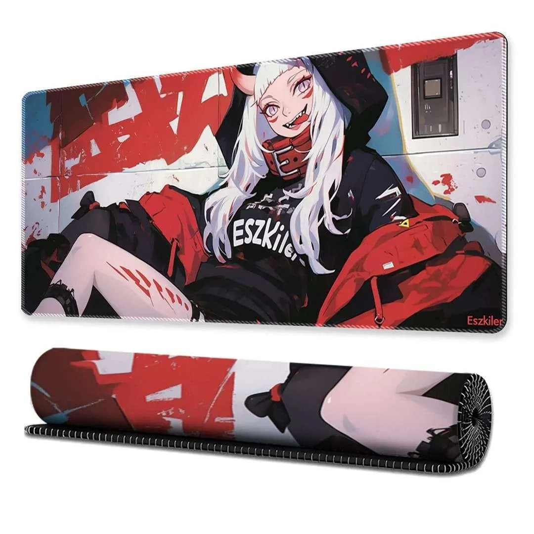 Anime Girl Graffiti gaming desk mat mouse pad in 30x80cm dimensions showing flat and rolled views at Lebtech Store Lebanon.