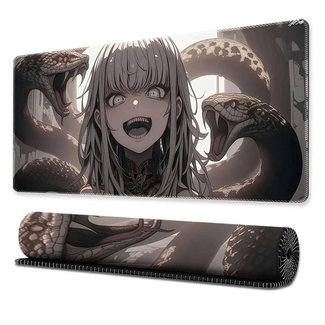 Dark anime girl with snakes graphic gaming desk mat mouse pad in 30x80cm size showing flat and rolled views at Lebtech Store Lebanon.

