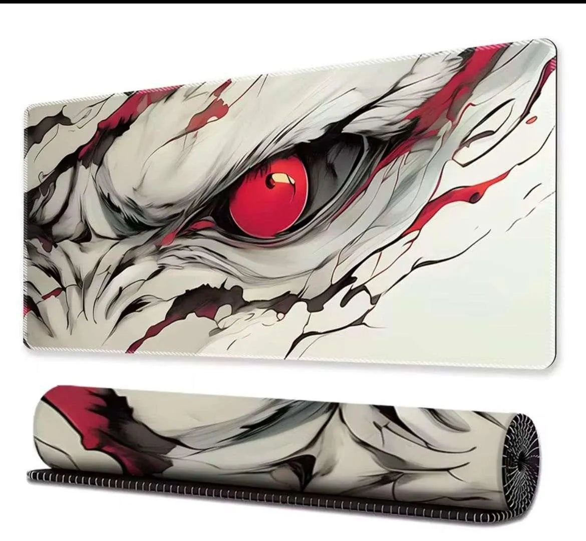 Dark anime glowing red eye graphic gaming desk mat mouse pad in 30x80cm size showing flat and rolled views at Lebtech Store Lebanon.
