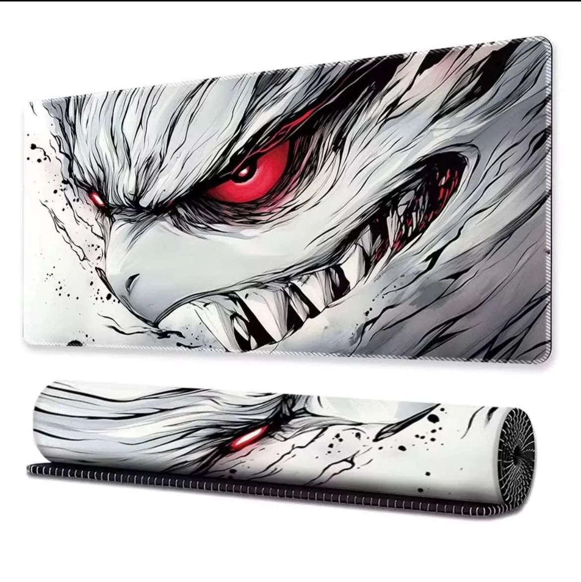 White-furred anime monster glare graphic gaming desk mat mouse pad in 30x80cm size showing flat and rolled views at Lebtech Store Lebanon.
